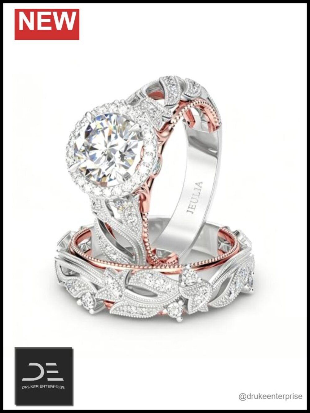 4 Carat Sterling Silver Rose Gold Plated Bridal Ring Set with CZ Halo, Round